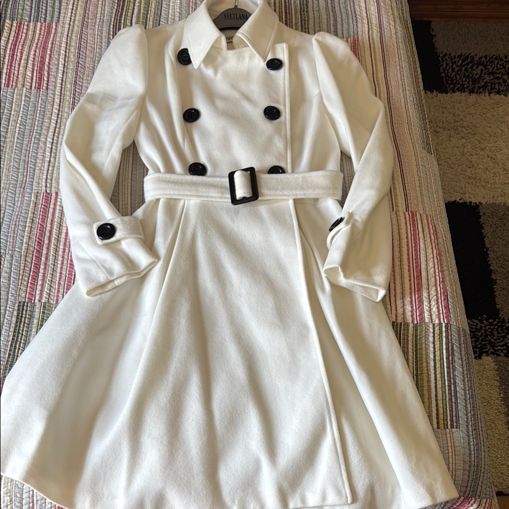 White A-Line Pea Coat with Notched Collar